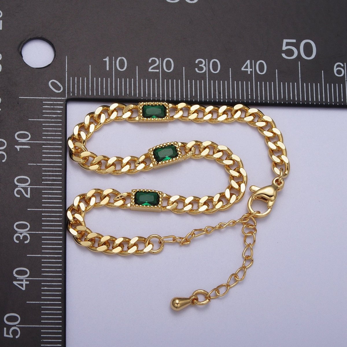 24K Gold Filled Clear, Blue, Green Baguette CZ 3.8mm Curb Chain 6.75 Inch Bracelet | WA-1506 - WA-1508 Clearance Pricing - DLUXCA