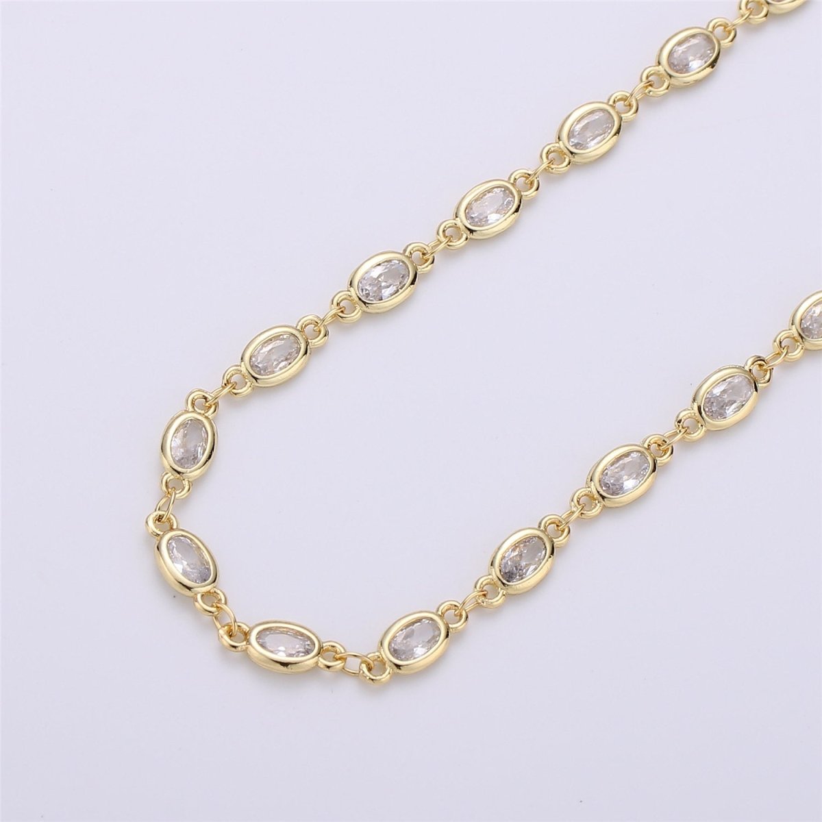 24K Gold Filled Clear Cubic Zirconia Chains, Oval Bezel Chains Silver 1 Yard 5mm CZ Connectors Link for Rosary Necklace Supply, White Gold Filled DESIGNED Chain | ROLL-104, ROLL-105 Clearance Pricing - DLUXCA