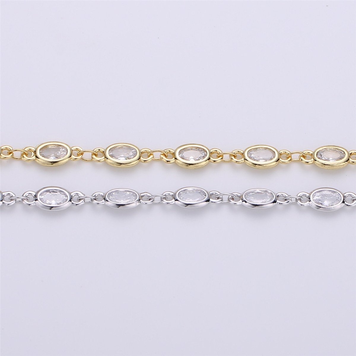 24K Gold Filled Clear Cubic Zirconia Chains, Oval Bezel Chains Silver 1 Yard 5mm CZ Connectors Link for Rosary Necklace Supply, White Gold Filled DESIGNED Chain | ROLL-104, ROLL-105 Clearance Pricing - DLUXCA