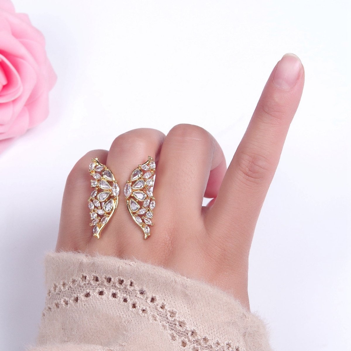 24K Gold Filled Clear Cubic Zirconia Grand Gold Butterfly Mariposa Adjustable Statement Ring O-793 - DLUXCA