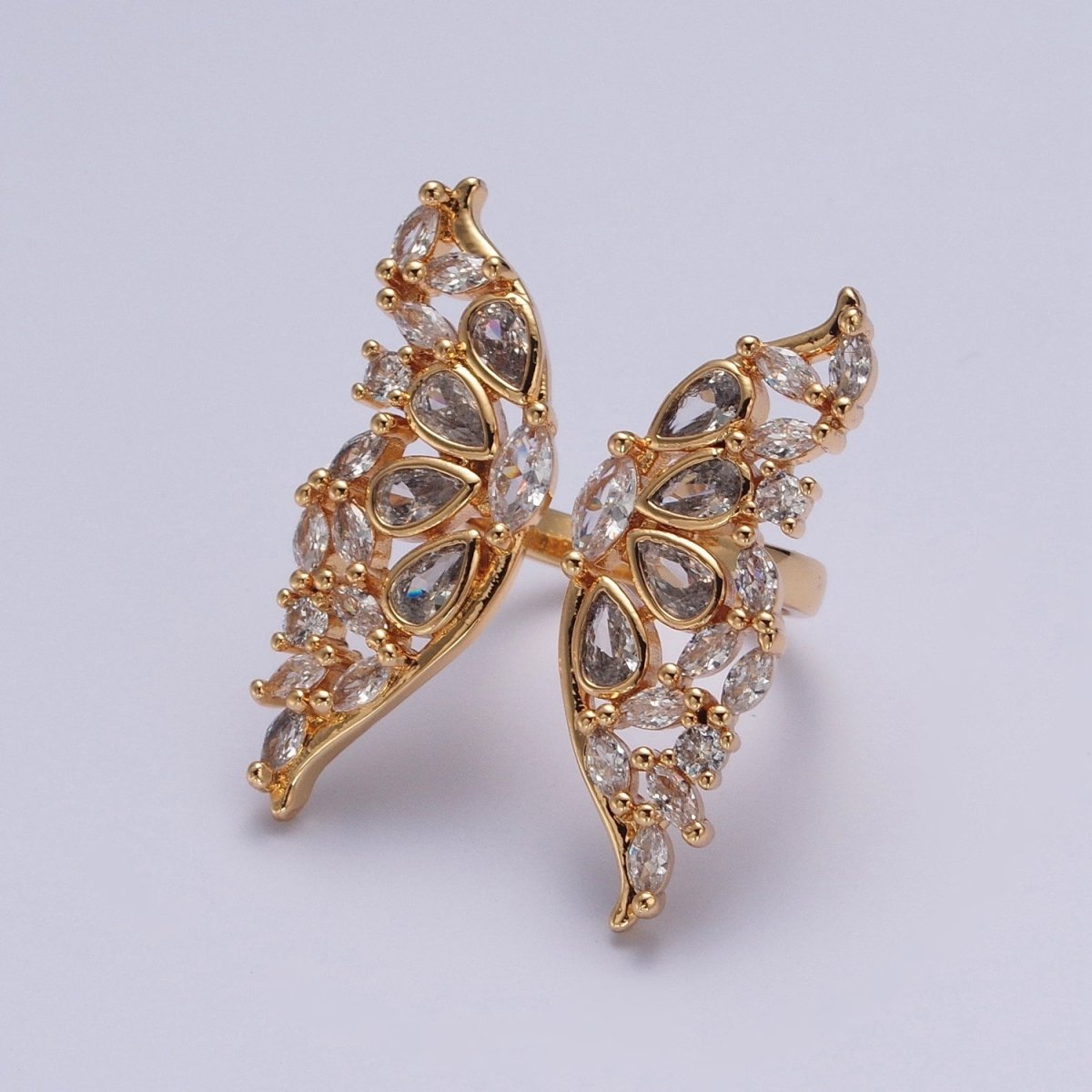 24K Gold Filled Clear Cubic Zirconia Grand Gold Butterfly Mariposa Adjustable Statement Ring O-793 - DLUXCA