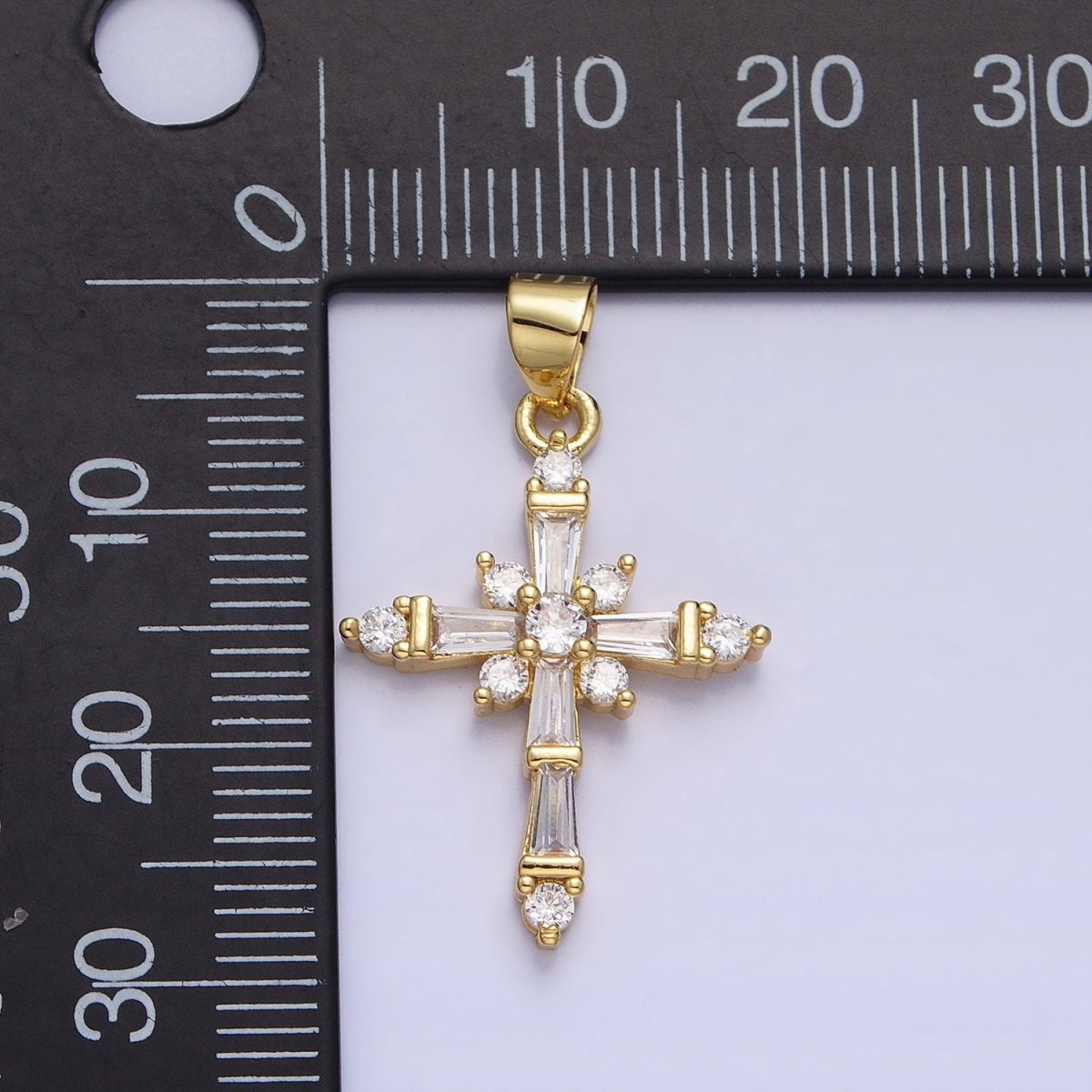 24K Gold Filled Clear CZ Baguette Religious Cross Pendant | AA230 - DLUXCA
