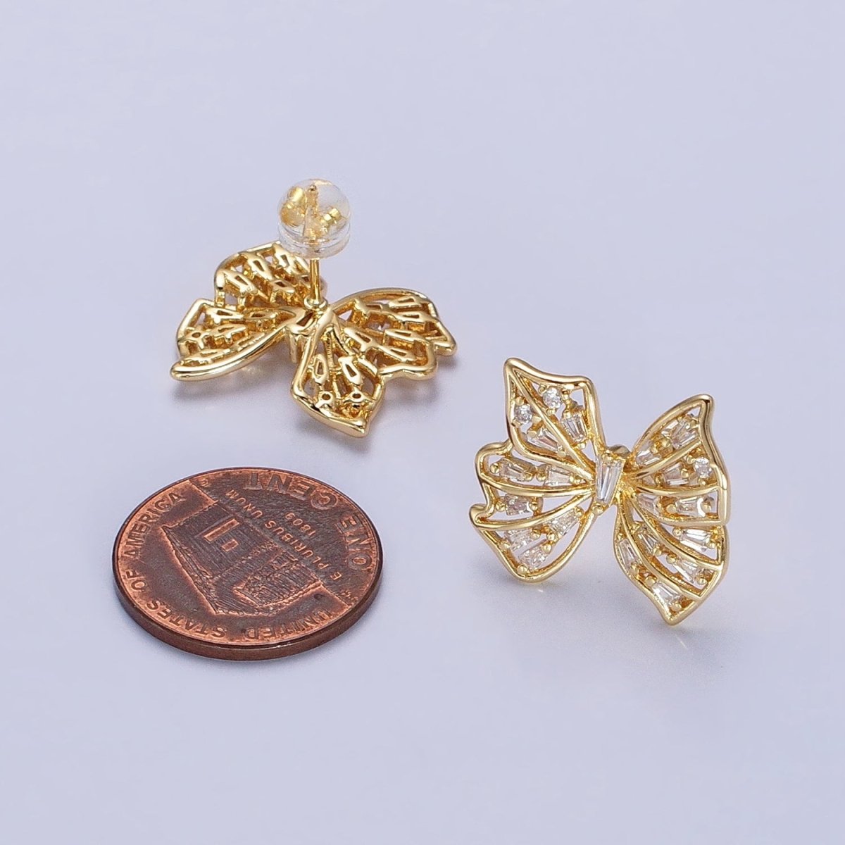 24K Gold Filled Clear CZ Baguette Wings Mariposa Butterfly Stud Earrings in Gold & Silver | AB676 AD898 - DLUXCA