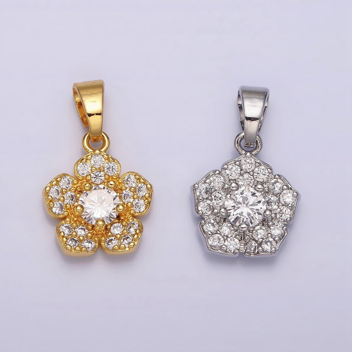 24K Gold Filled Clear CZ Flower Micro Paved Nature Pendant in Gold & Silver | AA471 AA472 - DLUXCA