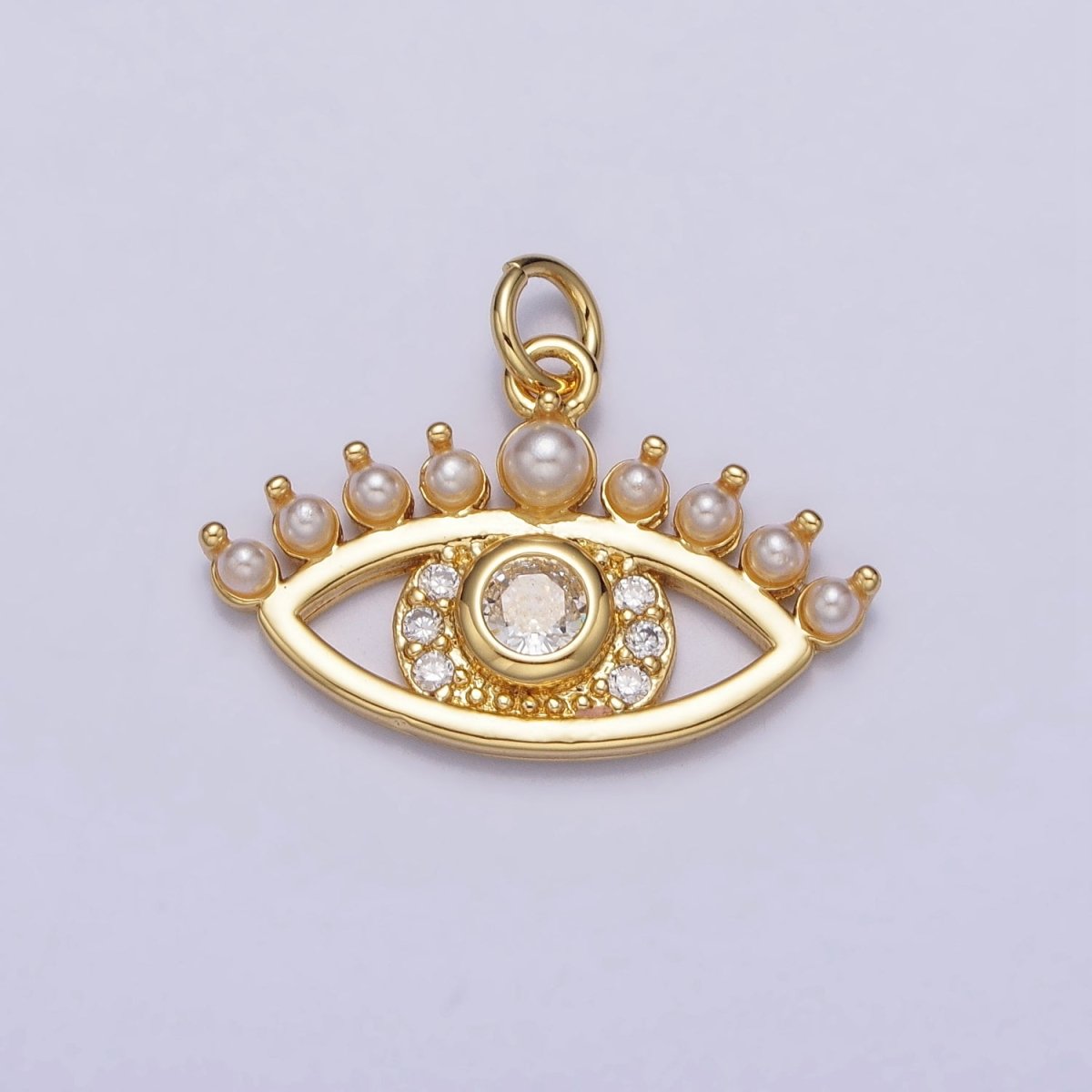 24K Gold Filled Clear CZ Pearl Lined Evil Eye Protection Charm | AC315 - DLUXCA