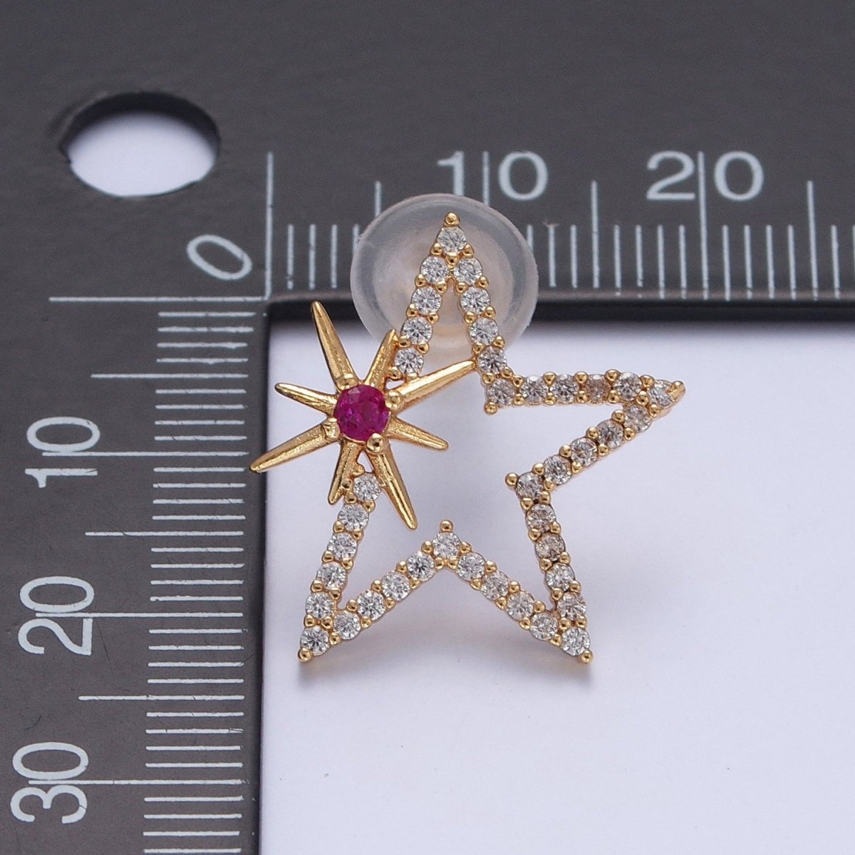 24K Gold Filled Clear Fuchsia Micro Pave Celestial Star Stud Earrings P-321 - DLUXCA