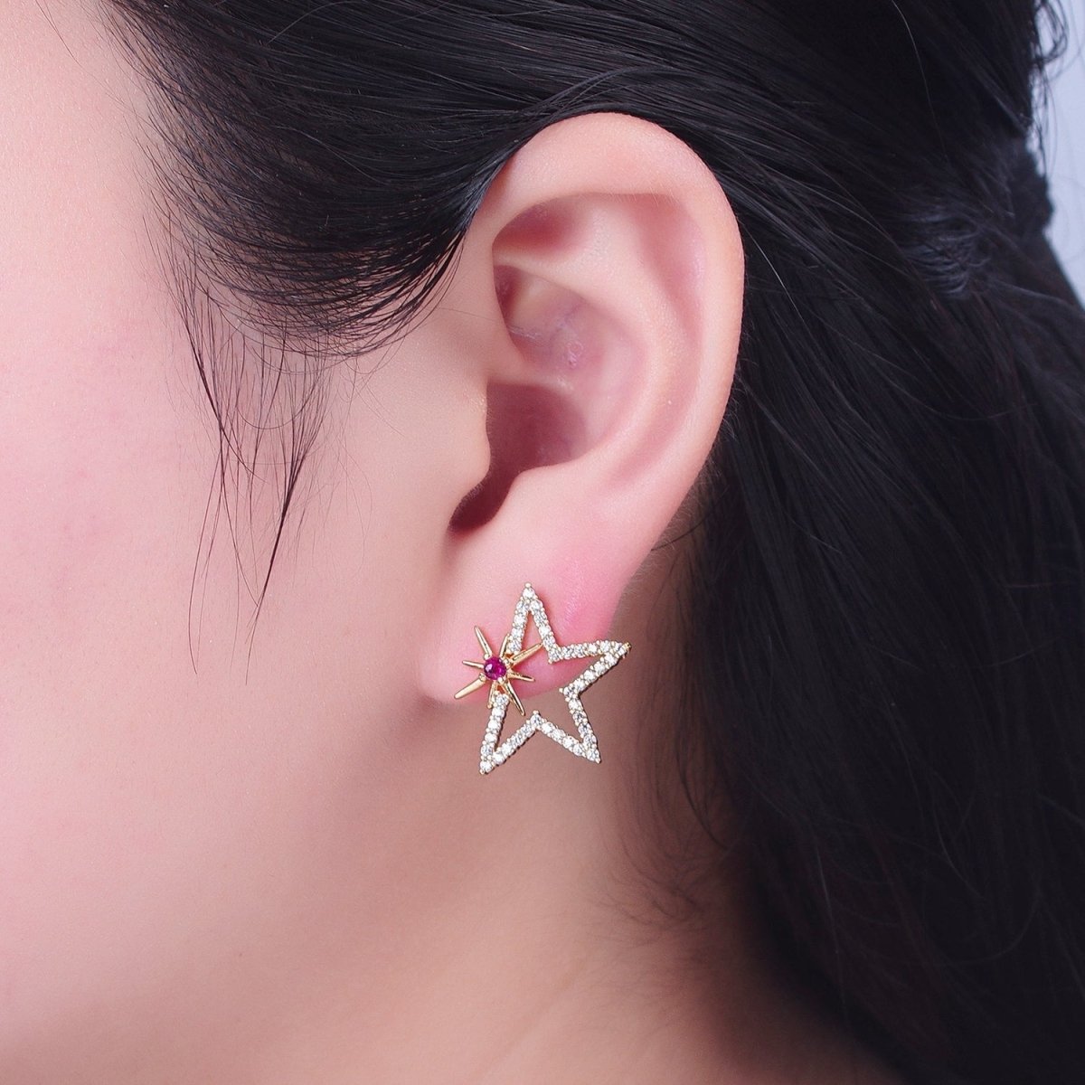 24K Gold Filled Clear Fuchsia Micro Pave Celestial Star Stud Earrings P-321 - DLUXCA