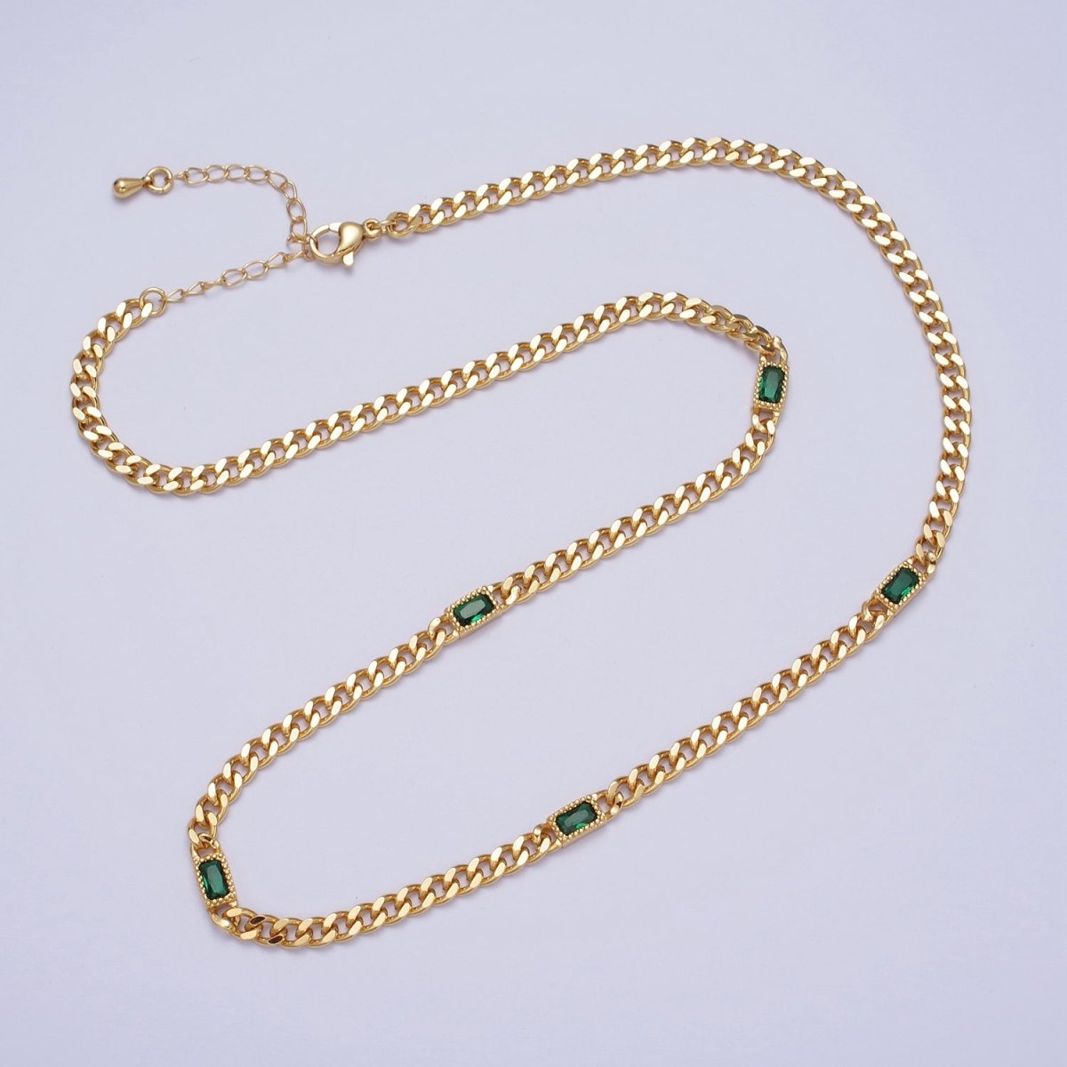 24K Gold Filled Clear, Green, Blue, Baguette CZ 3.8mm Curb Chain 19 Inch Necklace | WA-1509 - WA-1511 Clearance Pricing - DLUXCA