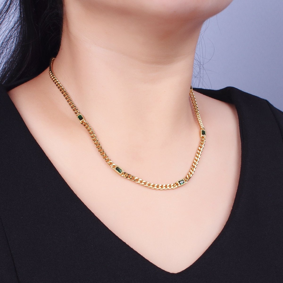 24K Gold Filled Clear, Green, Blue, Baguette CZ 3.8mm Curb Chain 19 Inch Necklace | WA-1509 - WA-1511 Clearance Pricing - DLUXCA