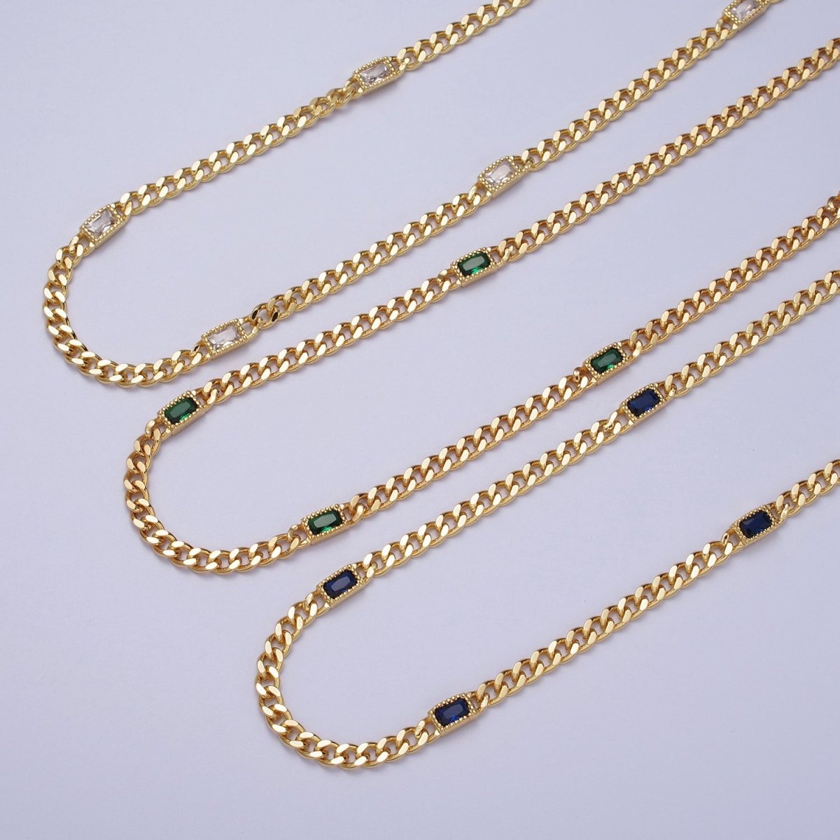 24K Gold Filled Clear, Green, Blue, Baguette CZ 3.8mm Curb Chain 19 Inch Necklace | WA-1509 - WA-1511 Clearance Pricing - DLUXCA