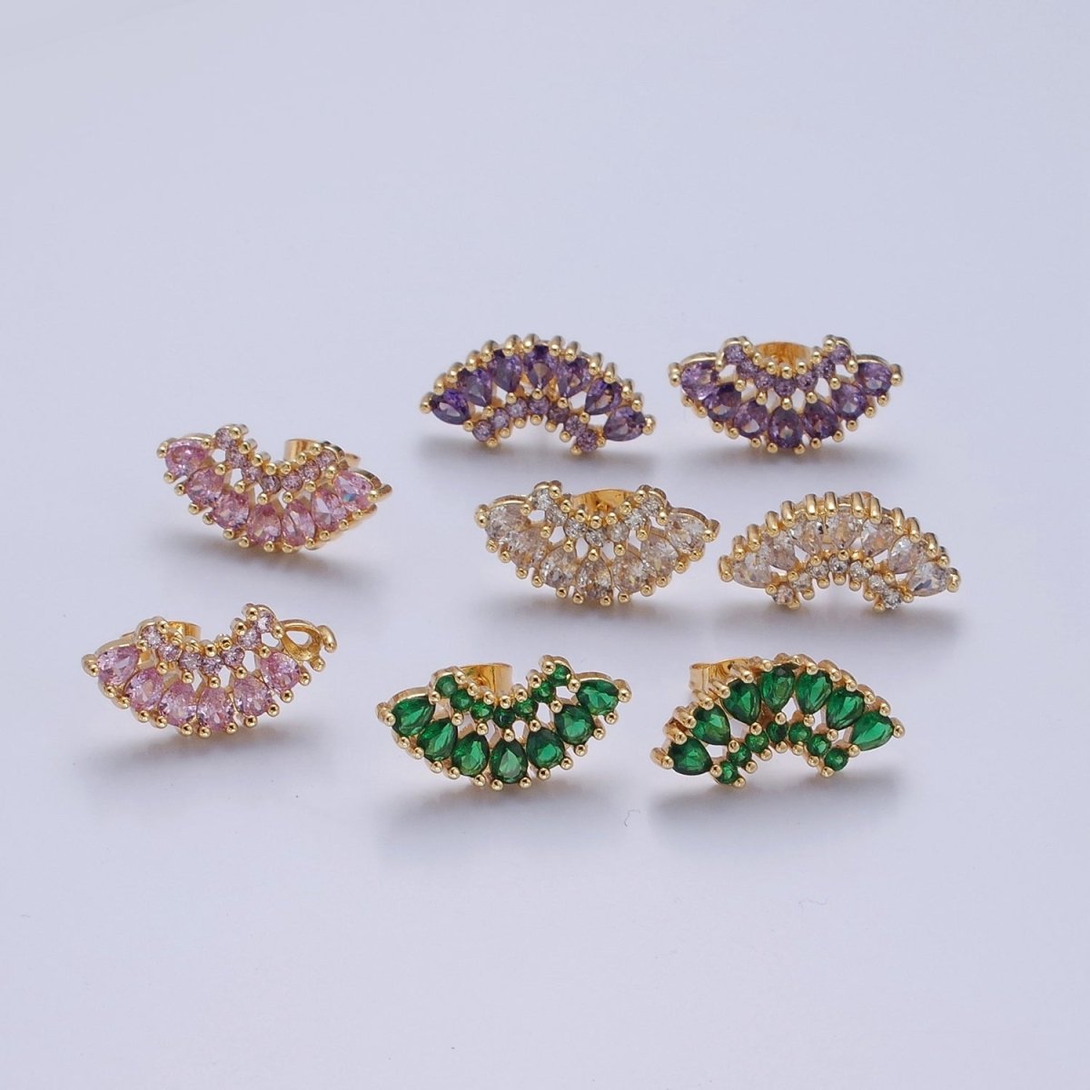 24K Gold Filled Clear, Green, Pink, Purple Teardrop CZ Fan Lined Stud Earrings | T-425~ T-427 - DLUXCA