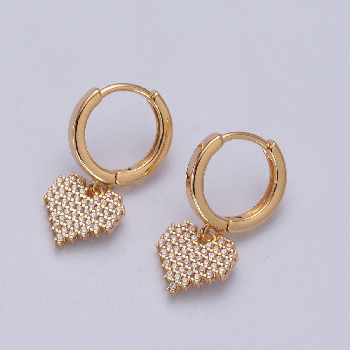 24K Gold Filled Clear Micro Pave CZ Heart Valentine Charm Huggie Hoop Earring P-340 - DLUXCA