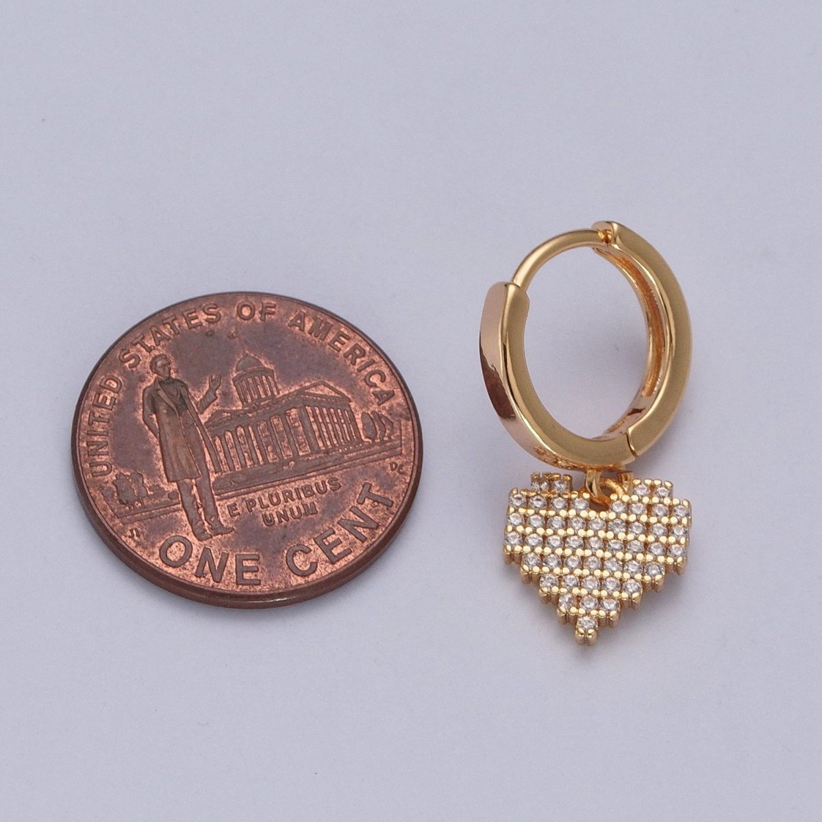 24K Gold Filled Clear Micro Pave CZ Heart Valentine Charm Huggie Hoop Earring P-340 - DLUXCA