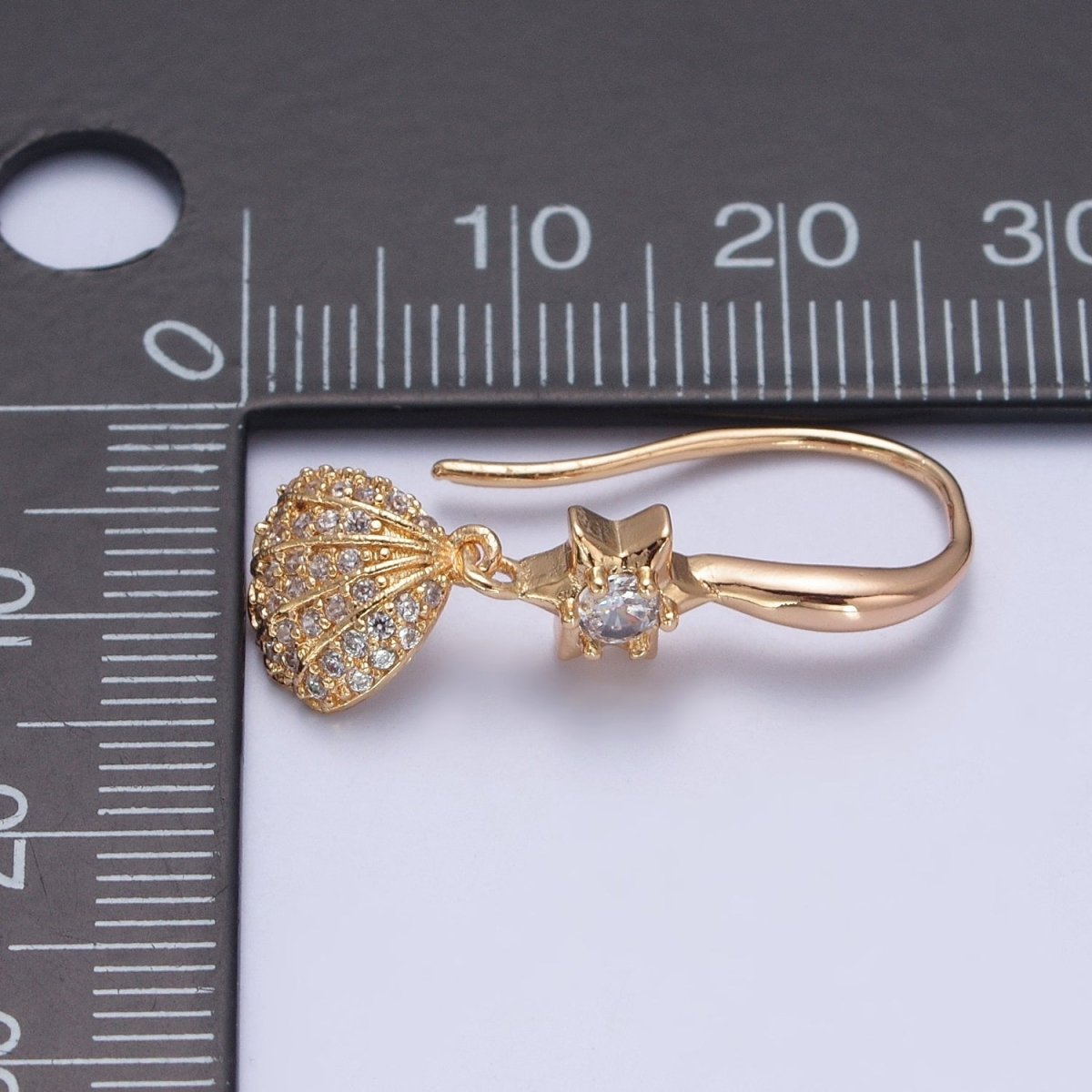 24K Gold Filled Clear Micro Pave Seashell Clam Charm Dangle Star Cubic Zirconia French Hook Earrings P-404 - DLUXCA