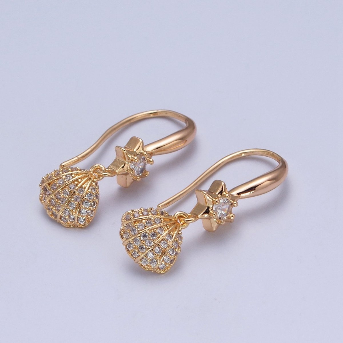 24K Gold Filled Clear Micro Pave Seashell Clam Charm Dangle Star Cubic Zirconia French Hook Earrings P-404 - DLUXCA