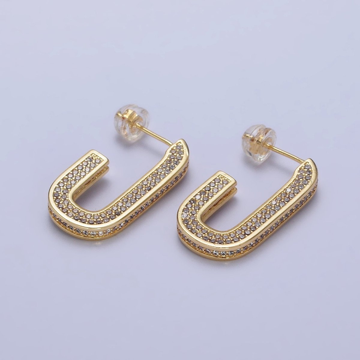 24K Gold Filled Clear Micro Paved CZ 24.5mm J-Shaped Hoop Earrings in Gold & Silver | AB532 AB533 - DLUXCA