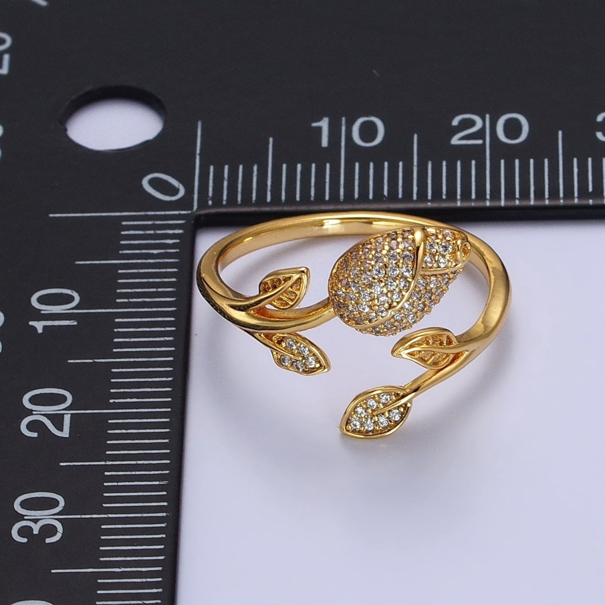 24K Gold Filled Clear Micro Paved CZ Rose Flower Adjustable Ring | Y-568 - DLUXCA