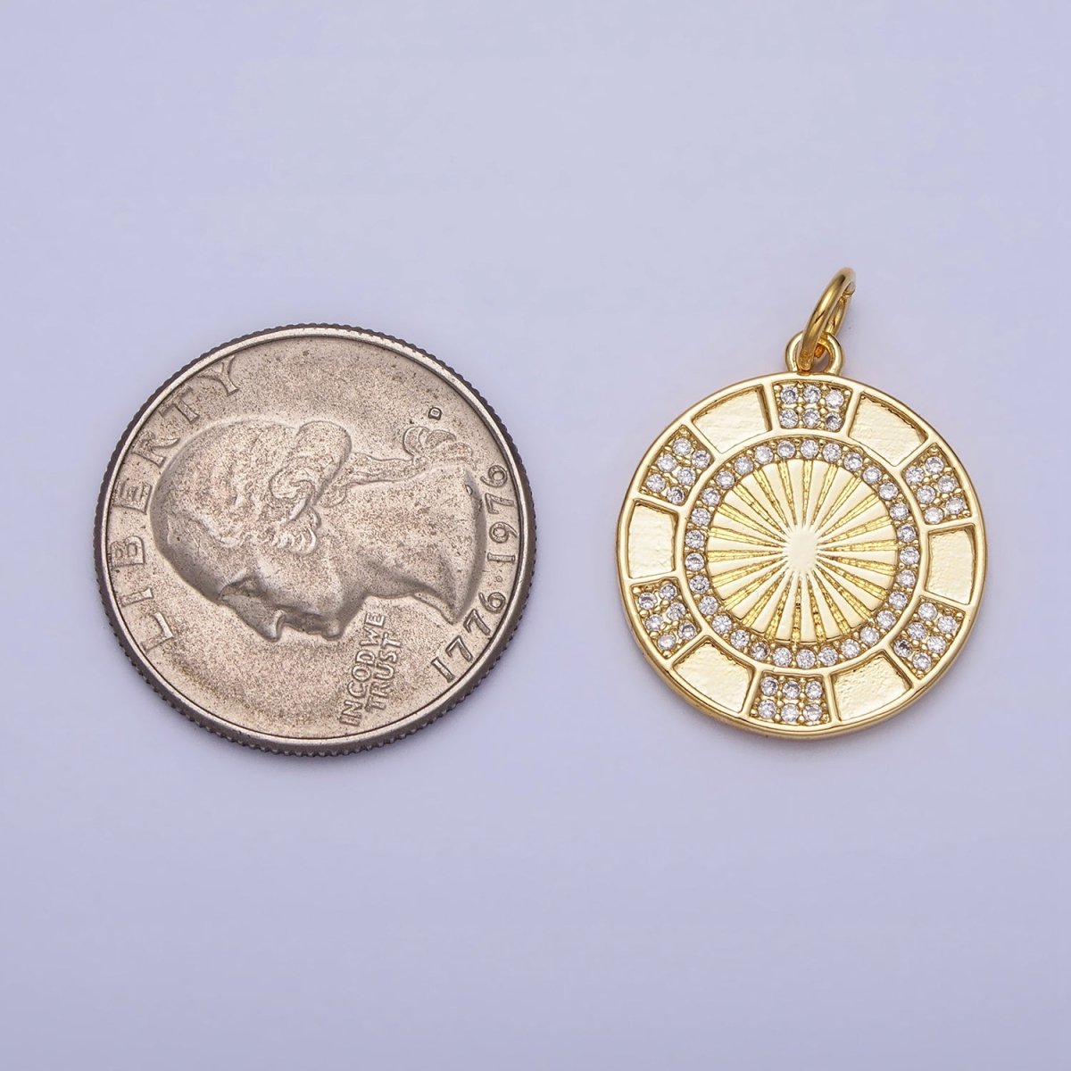 24K Gold Filled Clear Micro Paved CZ Round Sunburst Medallion Charm | AC369 - DLUXCA