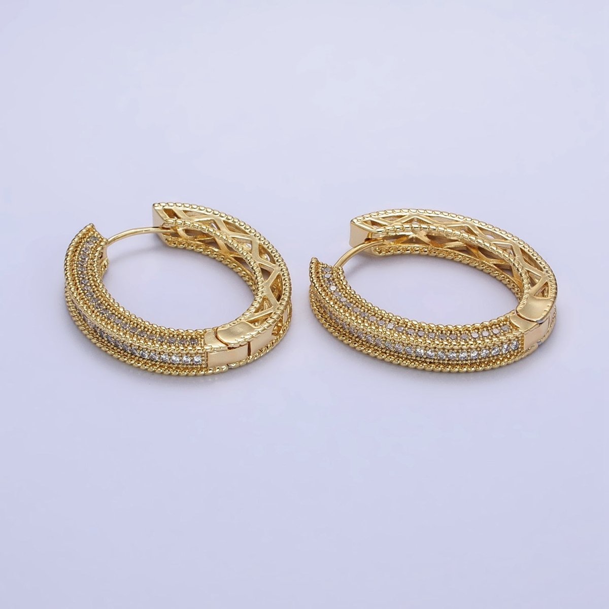 24K Gold Filled Clear Micro Paved CZ Wide Filigree Oval Hoop Earrings | AB272 - DLUXCA