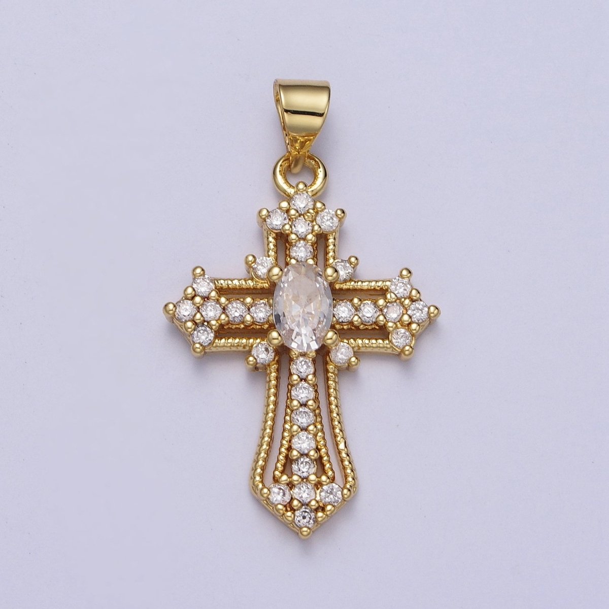 24K Gold Filled Clear, Multicolor Micro Paved Oval CZ Passion Cross Religious Pendant | X-504 X-505 - DLUXCA