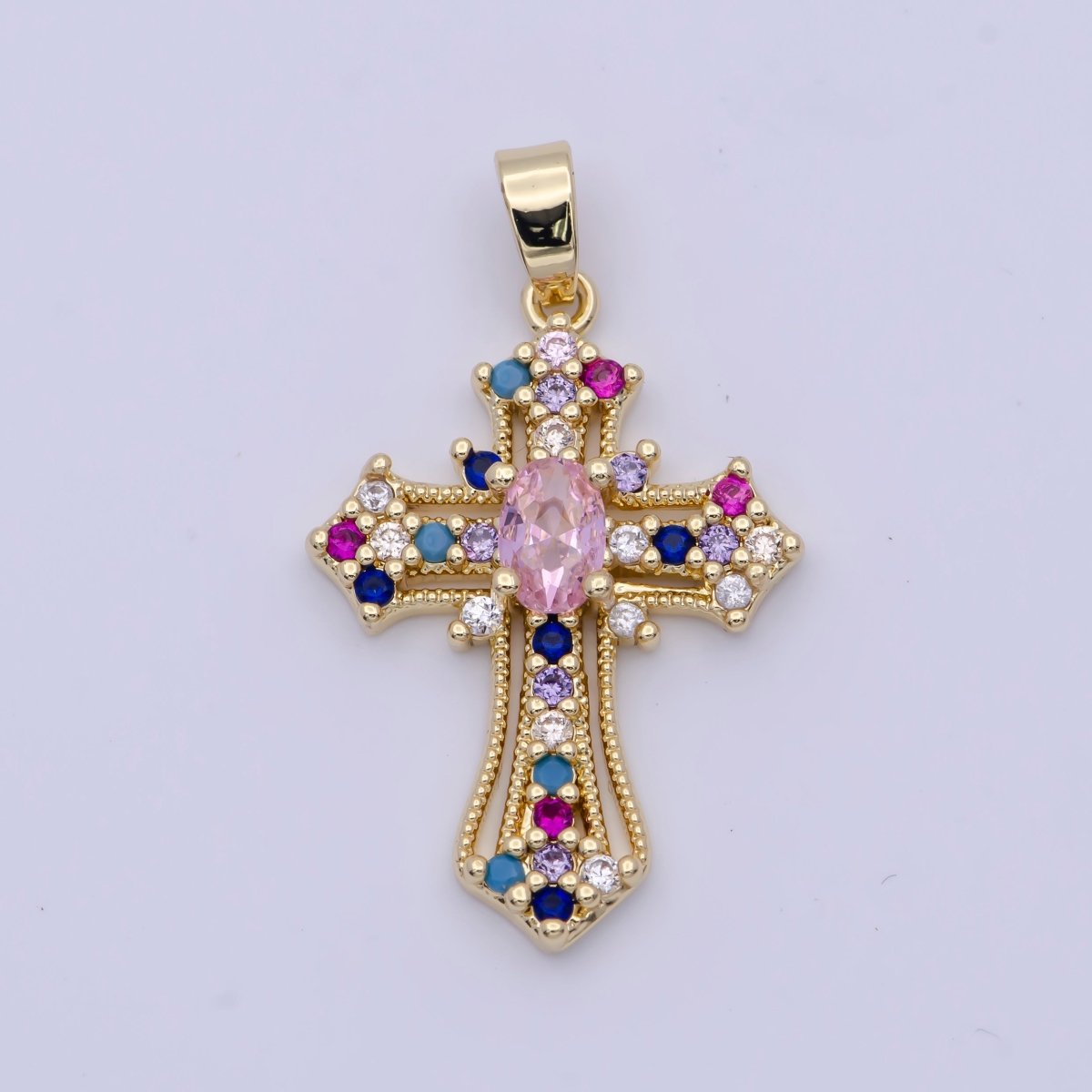 24K Gold Filled Clear, Multicolor Micro Paved Oval CZ Passion Cross Religious Pendant | X-504 X-505 - DLUXCA