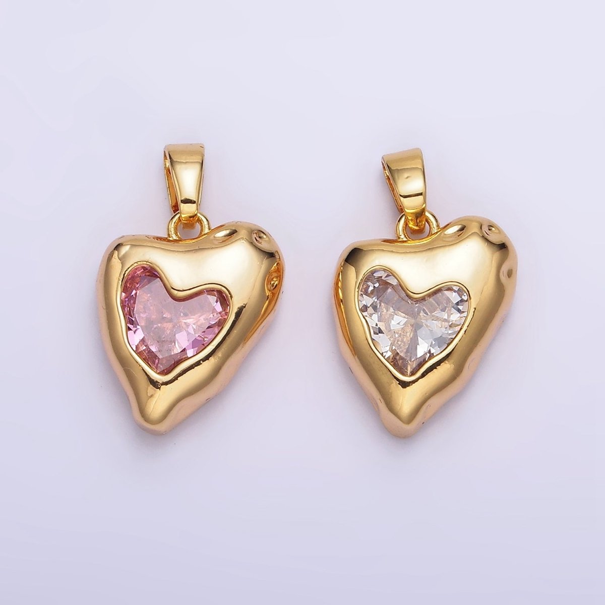 24K Gold Filled Clear, Pink CZ Molten Heart Pendant | AA-592 AA-593 - DLUXCA