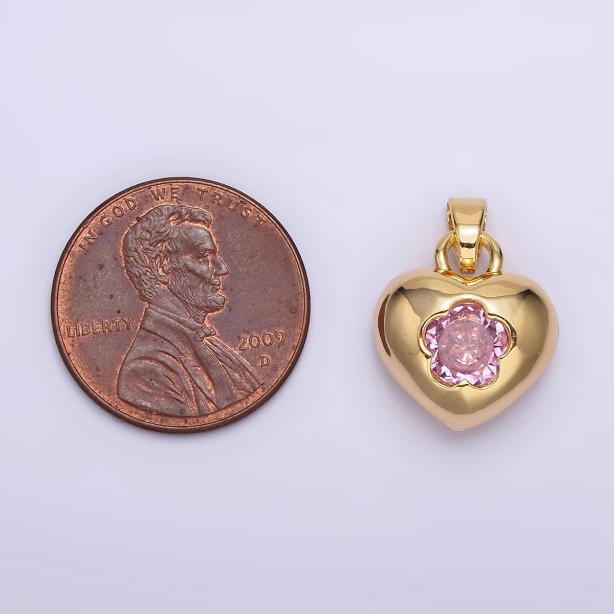 24K Gold Filled Clear, Pink Flower CZ Open Heart Pendant | AA590 AA591 - DLUXCA