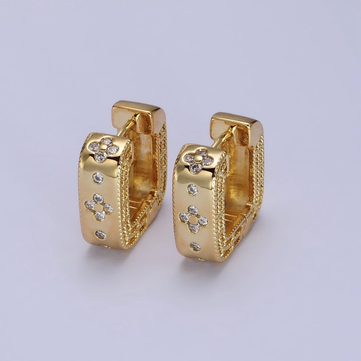 24K Gold Filled Clear Quatrefoil CZ Square Huggies Earrings | AB196 - DLUXCA