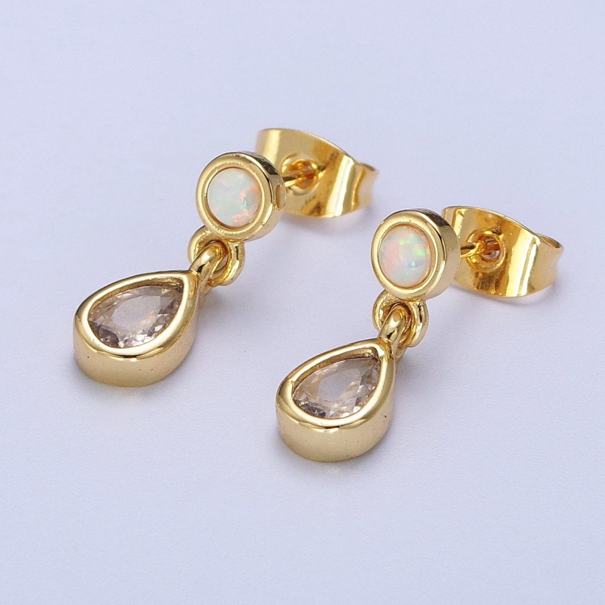 24K Gold Filled Clear Teardrop Drop Dangle Round White Opal Stud Earrings | Y-204 - DLUXCA