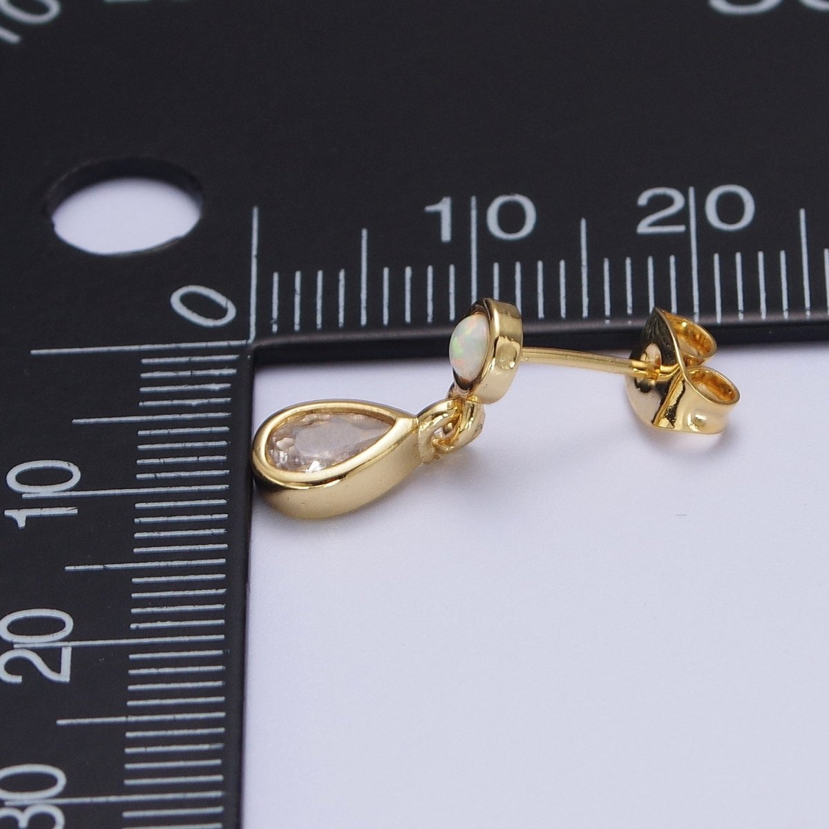 24K Gold Filled Clear Teardrop Drop Dangle Round White Opal Stud Earrings | Y-204 - DLUXCA