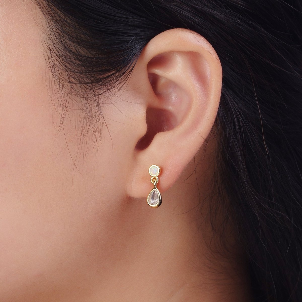 24K Gold Filled Clear Teardrop Drop Dangle Round White Opal Stud Earrings | Y-204 - DLUXCA