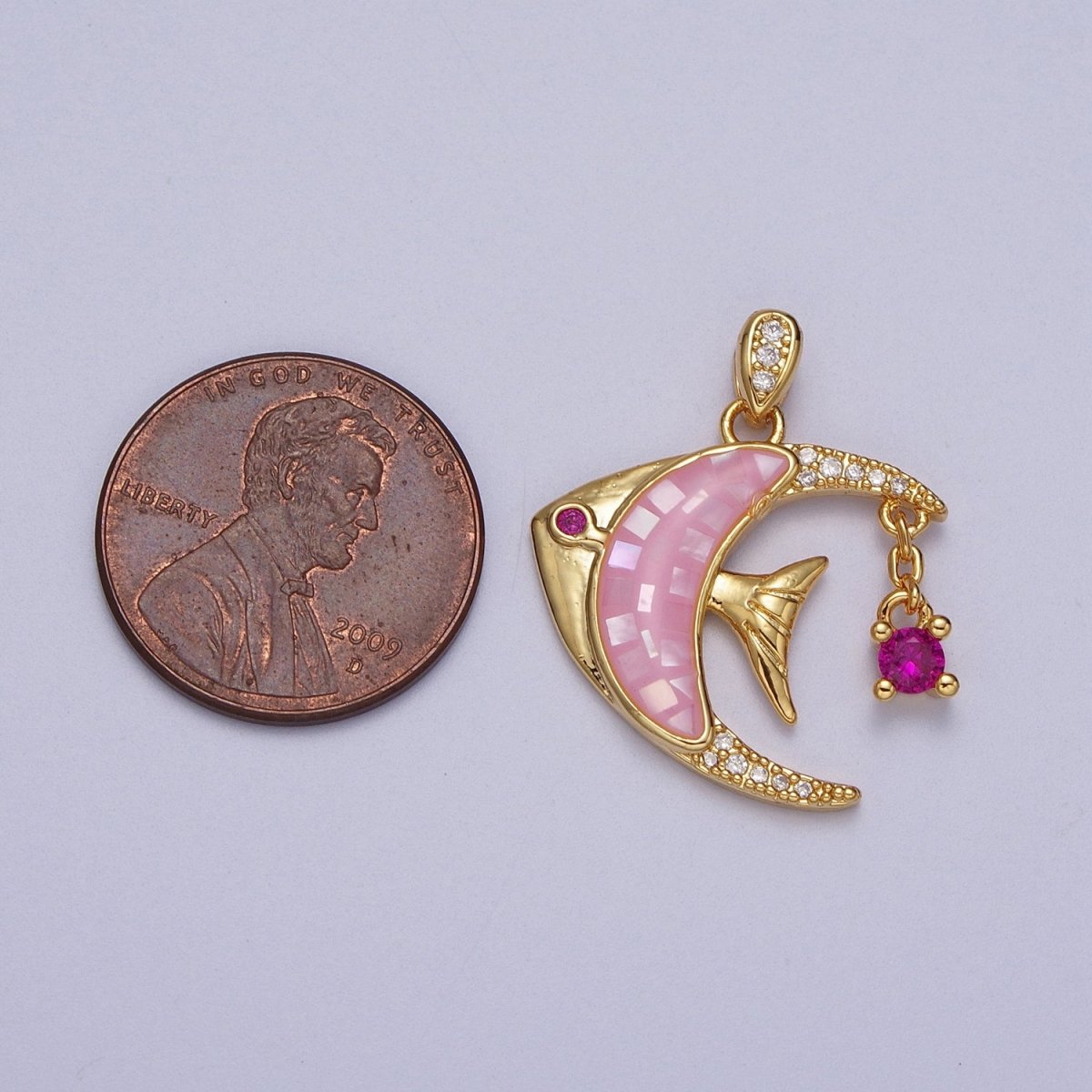 24K Gold Filled Clown Fish Micro Paved White, Black, Pink Shell Opal w. Fuchsia CZ Dangle H-306 H-308 H-319 - DLUXCA