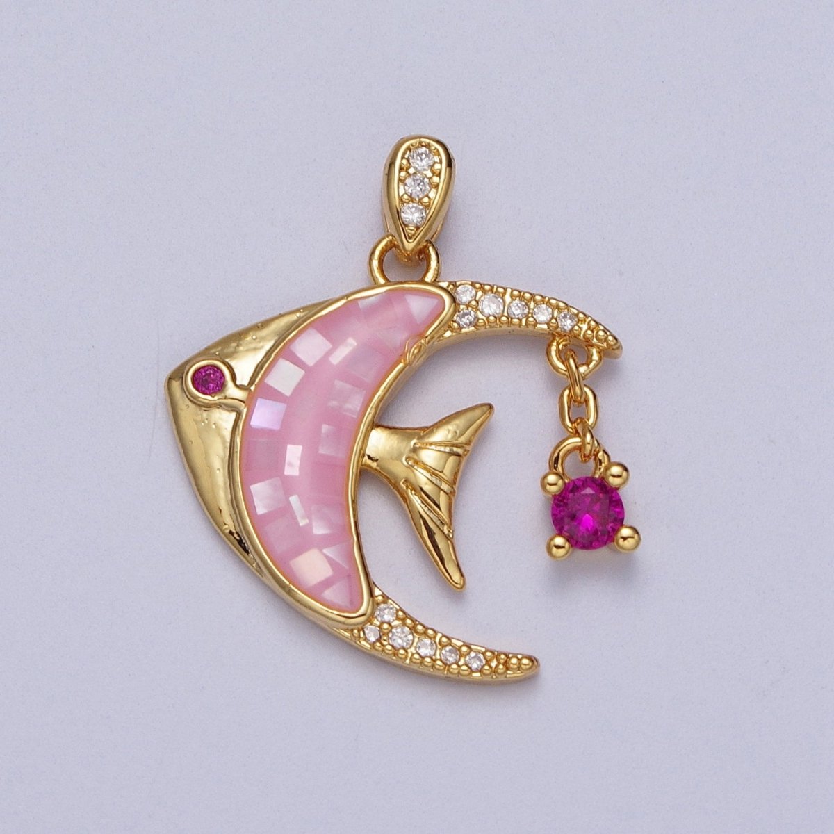 24K Gold Filled Clown Fish Micro Paved White, Black, Pink Shell Opal w. Fuchsia CZ Dangle H-306 H-308 H-319 - DLUXCA