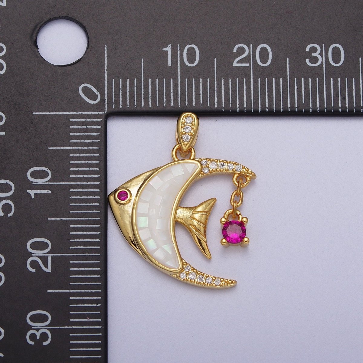 24K Gold Filled Clown Fish Micro Paved White, Black, Pink Shell Opal w. Fuchsia CZ Dangle H-306 H-308 H-319 - DLUXCA