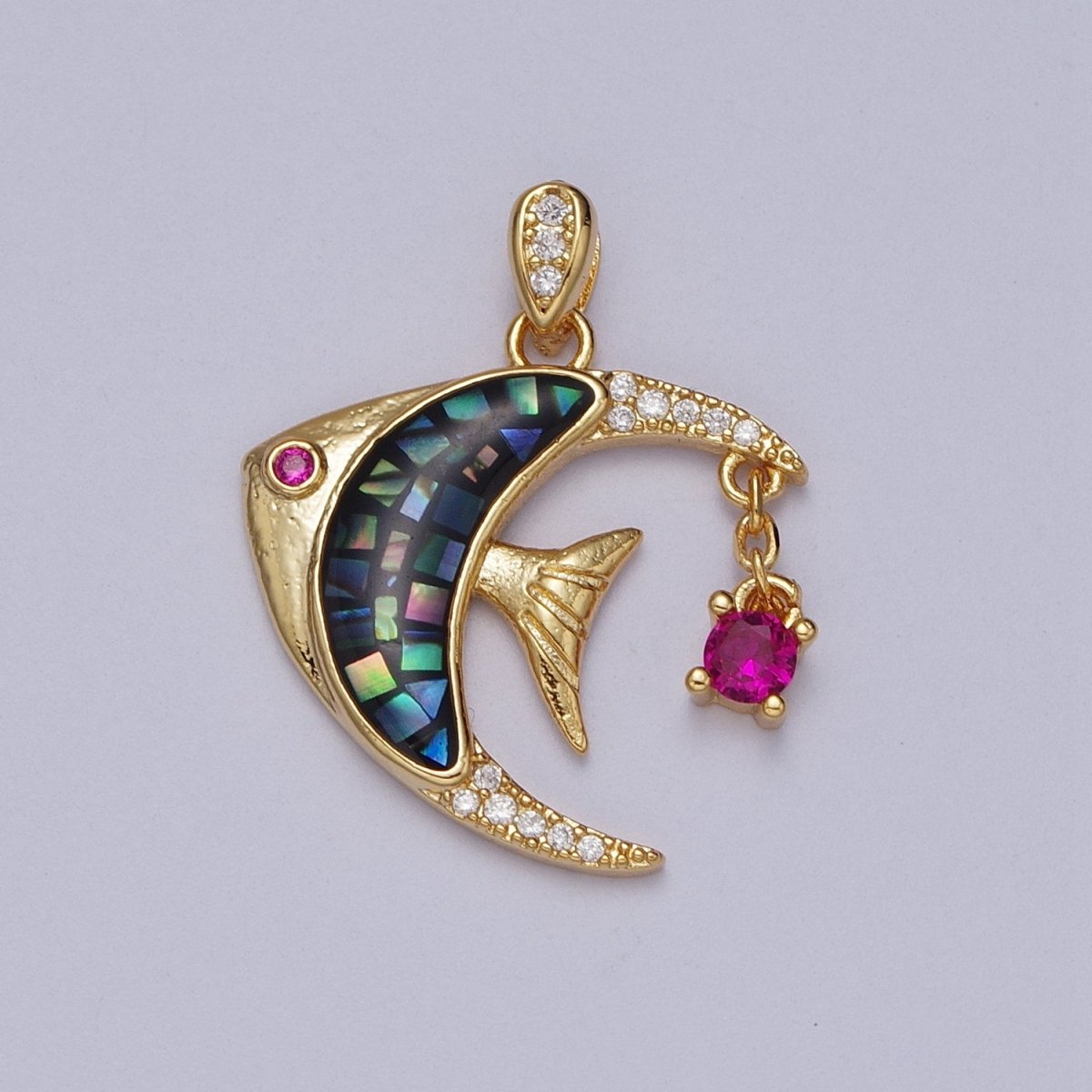 24K Gold Filled Clown Fish Micro Paved White, Black, Pink Shell Opal w. Fuchsia CZ Dangle H-306 H-308 H-319 - DLUXCA