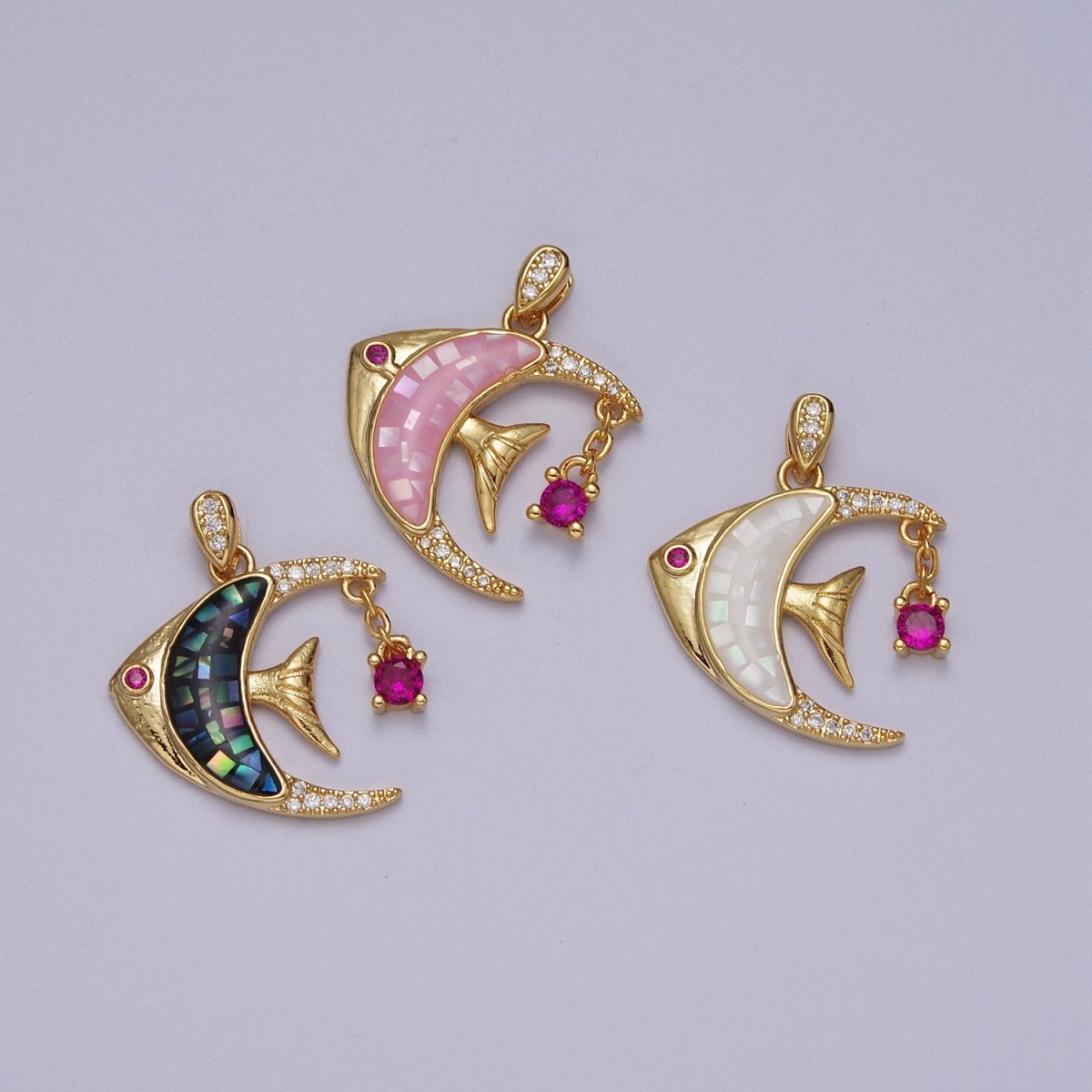 24K Gold Filled Clown Fish Micro Paved White, Black, Pink Shell Opal w. Fuchsia CZ Dangle H-306 H-308 H-319 - DLUXCA