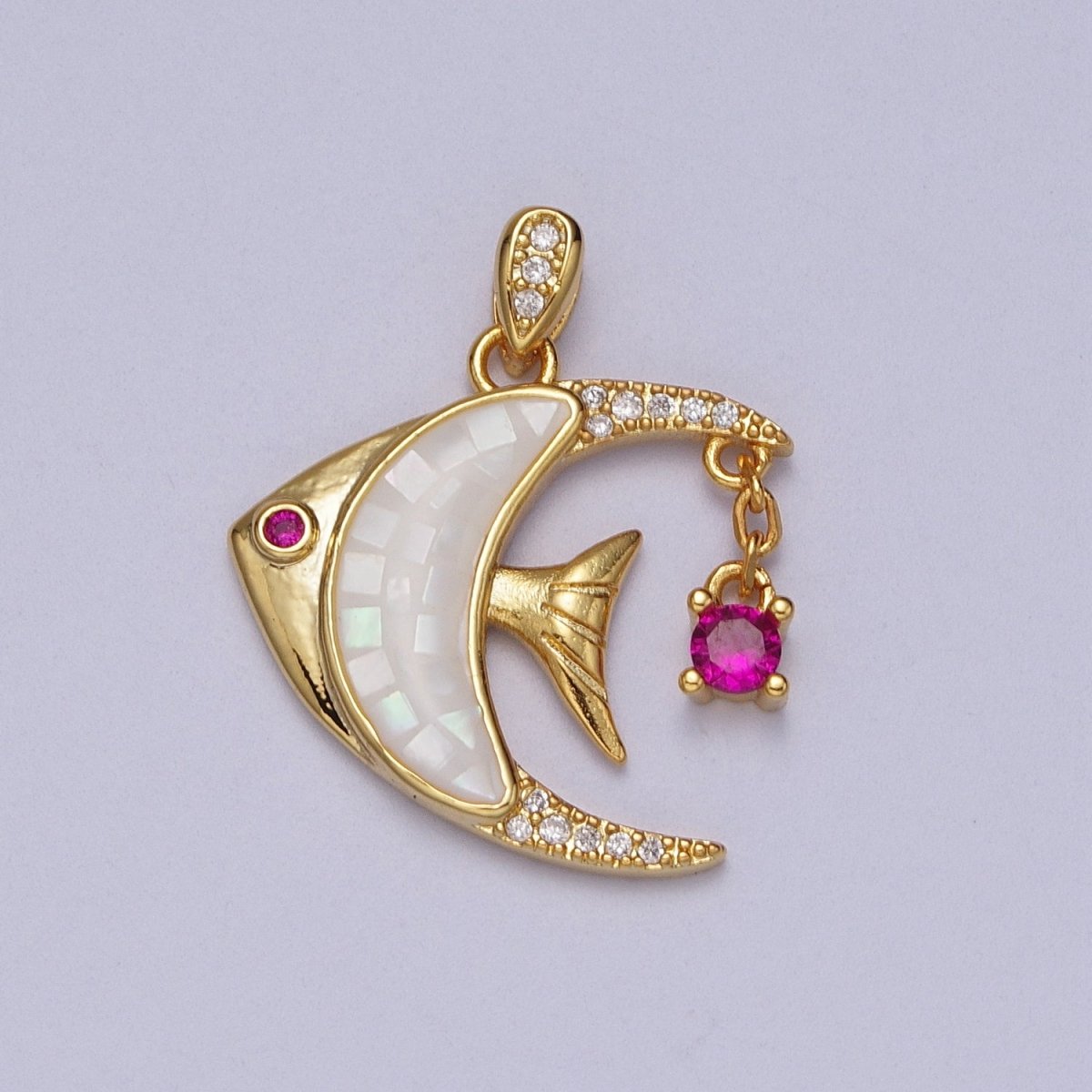 24K Gold Filled Clown Fish Micro Paved White, Black, Pink Shell Opal w. Fuchsia CZ Dangle H-306 H-308 H-319 - DLUXCA