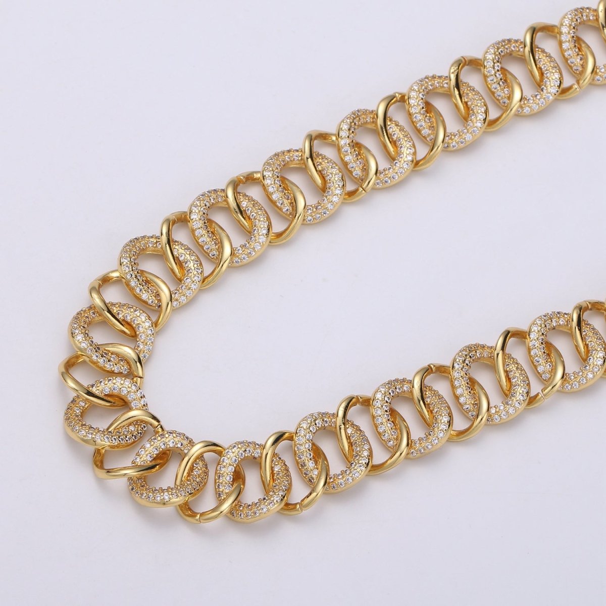 24K Gold Filled Cluster CZ CURB Rolo Chain by Yard, Sand Cubic Curb Chain, Fancy Roll Chain with Cubic Zirconia For Jewelry Making | ROLL-318 Clearance Pricing - DLUXCA