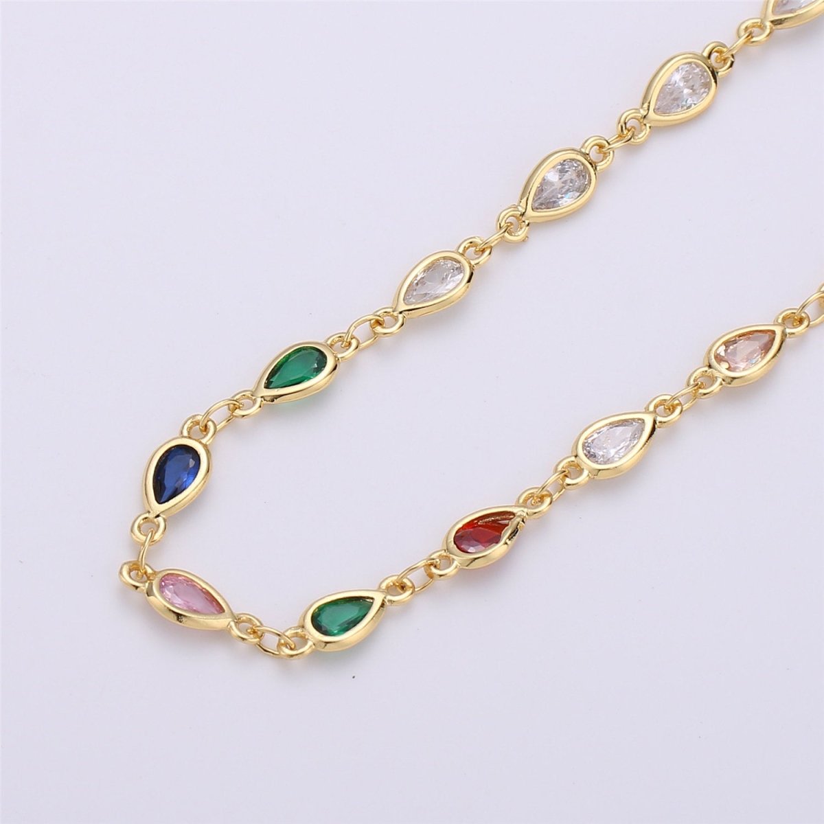24K Gold Filled Colorful Cubic Zircon Chains, Tear Drop Bezel Chains Silver 1 Yard 6x4mm CZ Connectors Links for Rosary Necklace Supply, White Gold Filled, DESIGNED Chain | ROLL-115 ROLL-116 Clearance Pricing - DLUXCA