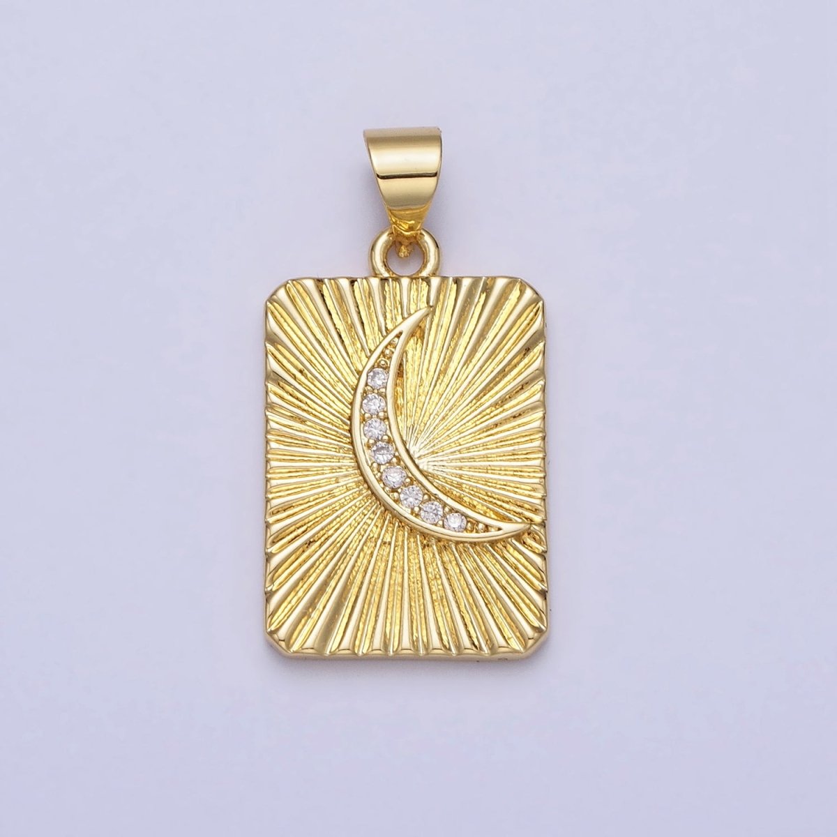24K Gold Filled Crescent Moon Celestial Clear CZ Micro Paved Sunburst Textured Tag Pendant | AA160 - DLUXCA