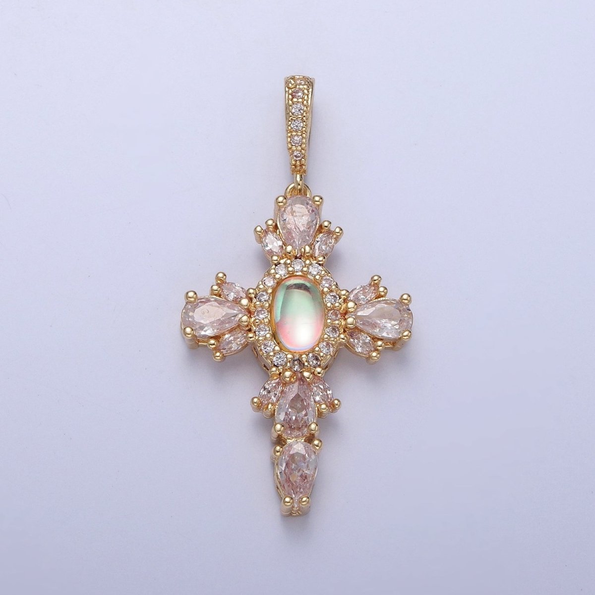 24K Gold Filled Cross Pendant Charm, Micro Pave Clear CZ Cubic Zirconia & Moonstone Religious Jewelry I-351 - DLUXCA
