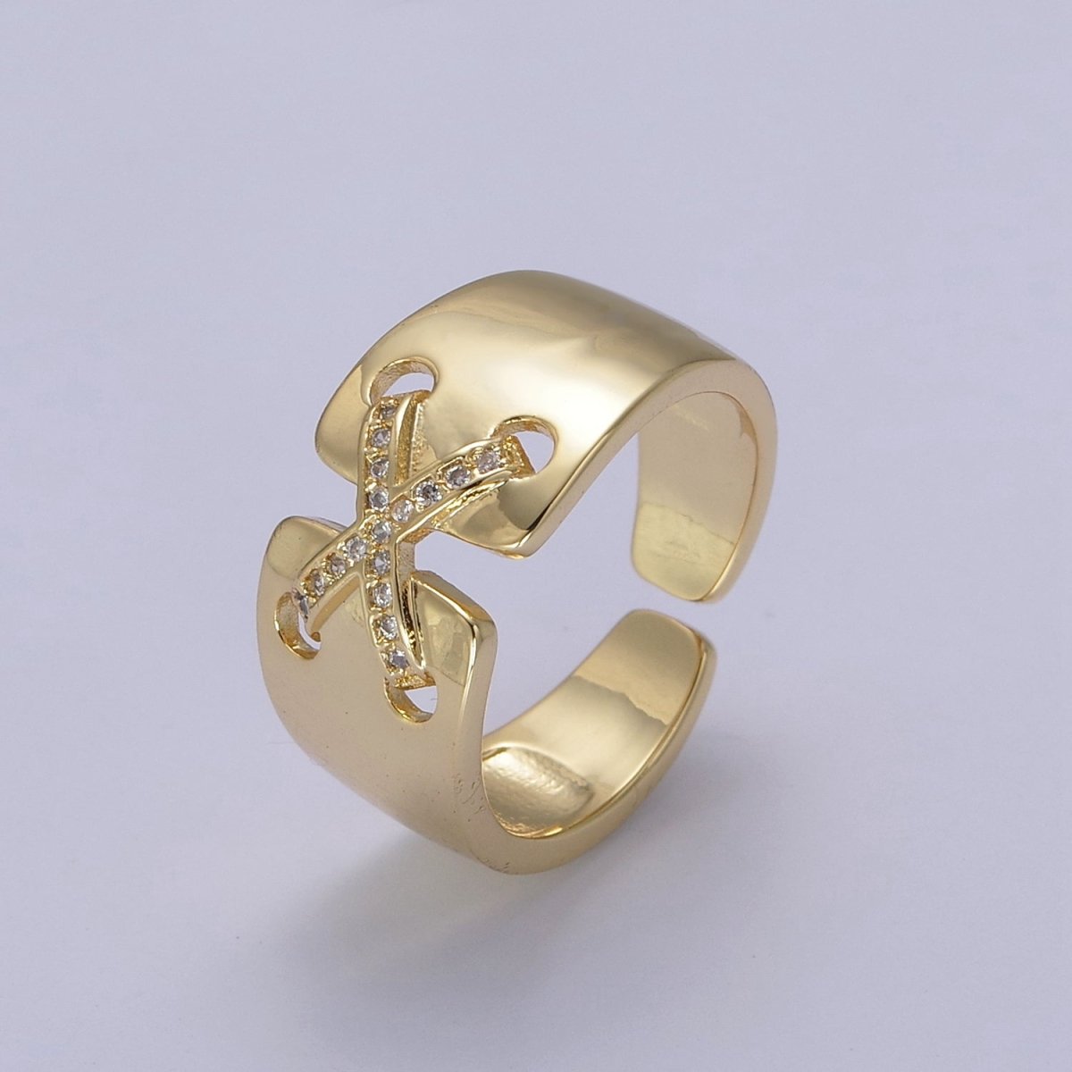 24K Gold Filled Cross X Ribbon Tied Ring, Thick Statement Gold & Silver Open Adjustable Ring U-533 U-534 - DLUXCA