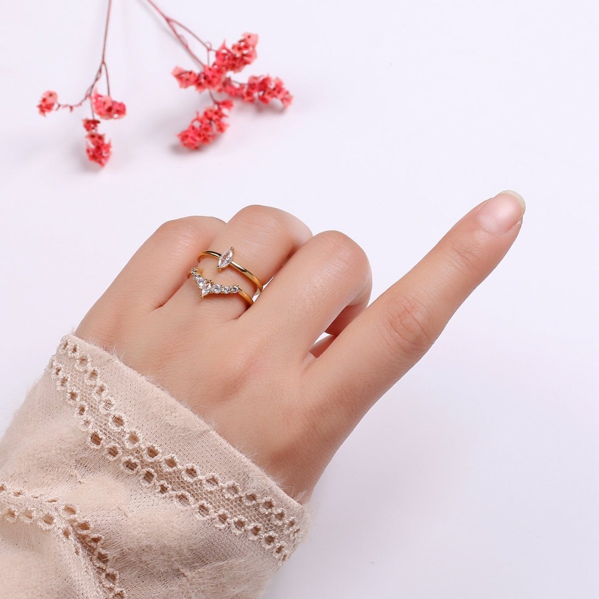 24K Gold Filled Crystal Double Layer Adjustable Ring - R321 - DLUXCA