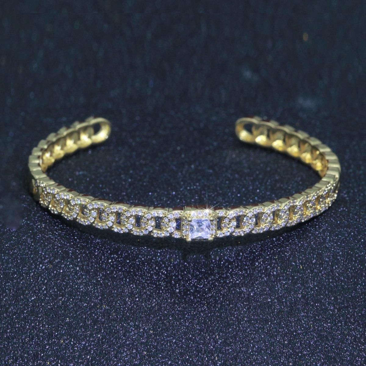 24K Gold Filled Cuban Curb Chain Bracelet With CZ Stones Wholesale Open Adjustable Bangle Fashion Jewelry | WA-072 Clearance Pricing - DLUXCA