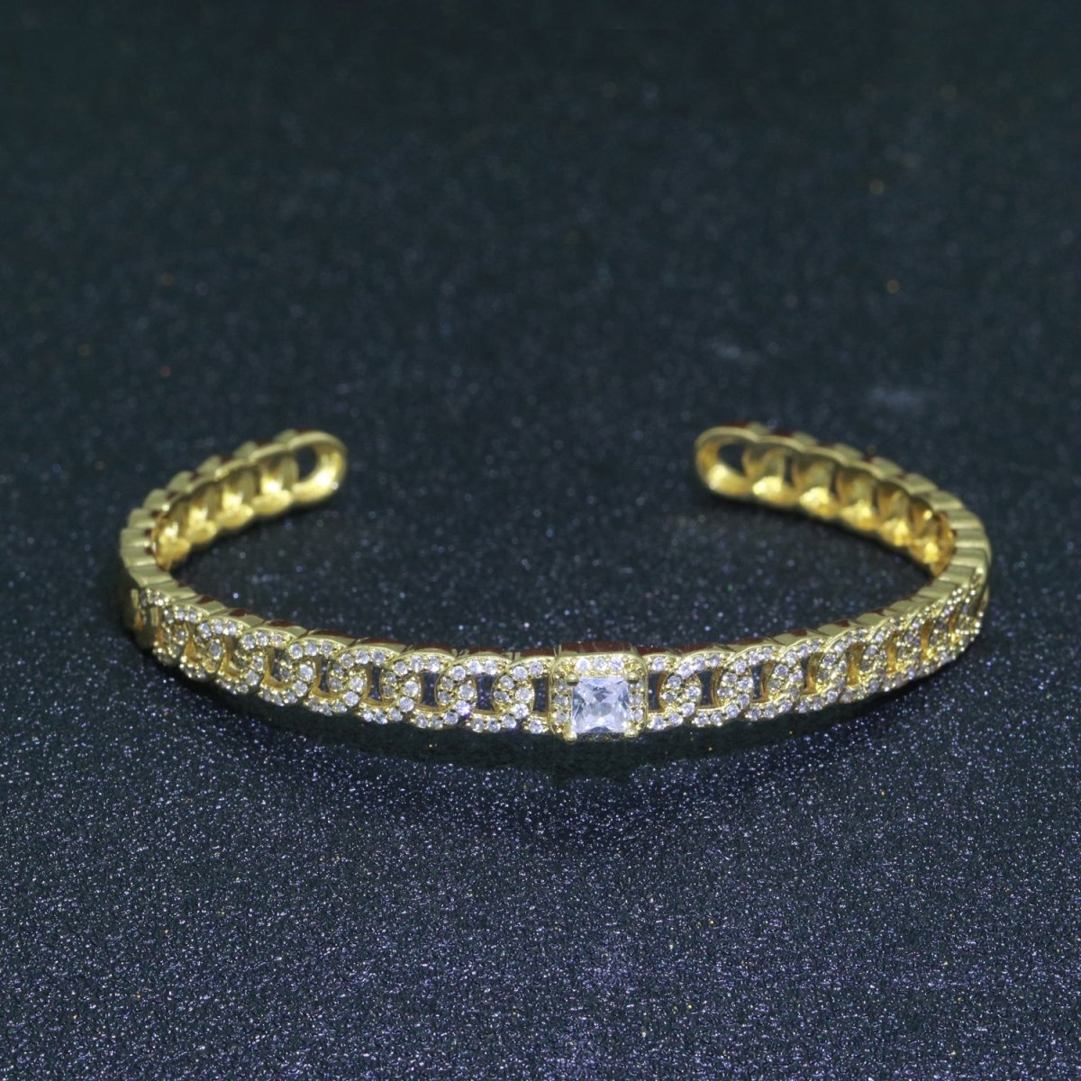 24K Gold Filled Cuban Curb Chain Bracelet With CZ Stones Wholesale Open Adjustable Bangle Fashion Jewelry | WA-072 Clearance Pricing - DLUXCA