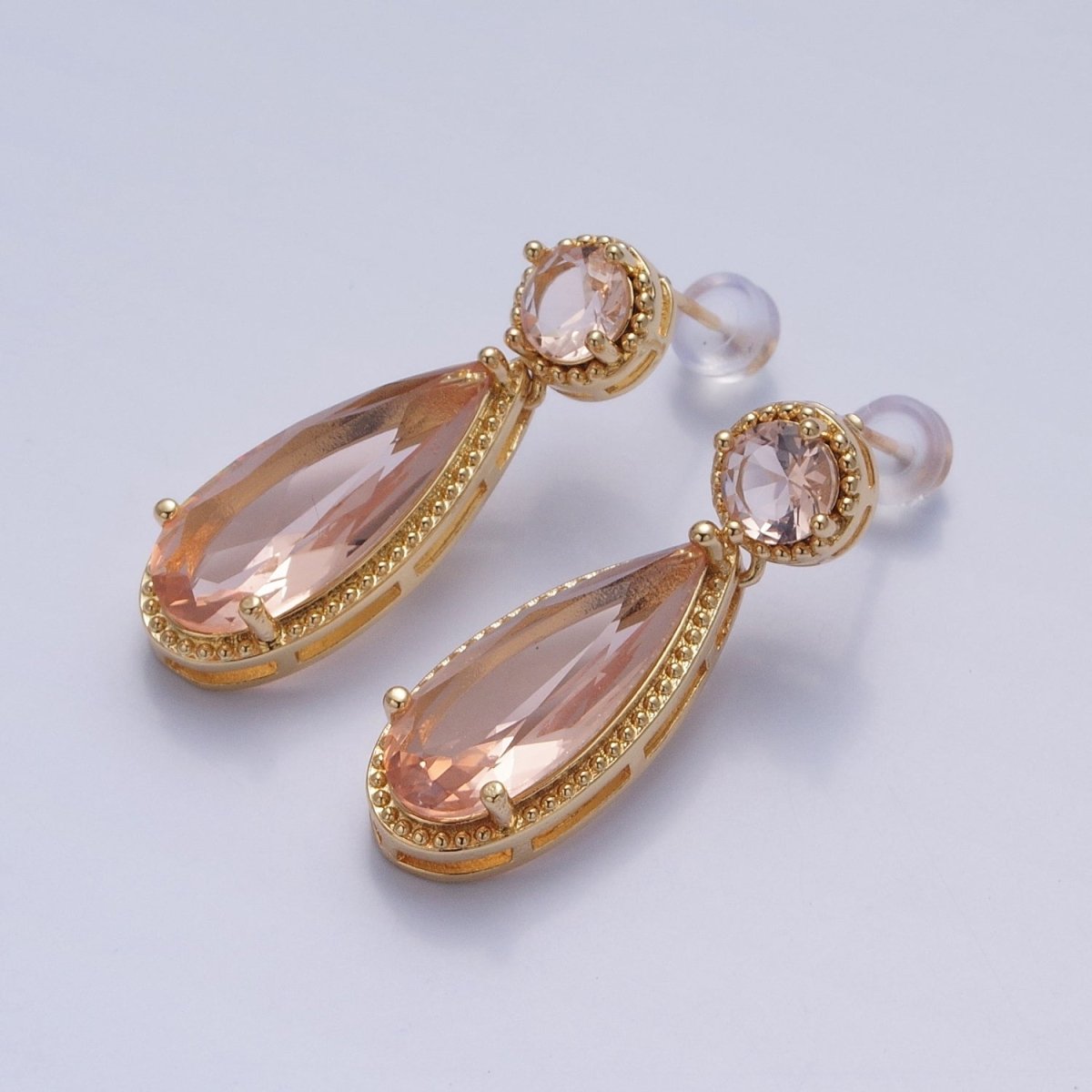 24K Gold Filled Cubic Zirconia Teardrop Stud Earrings with Round CZ Post V-401~V-409 - DLUXCA