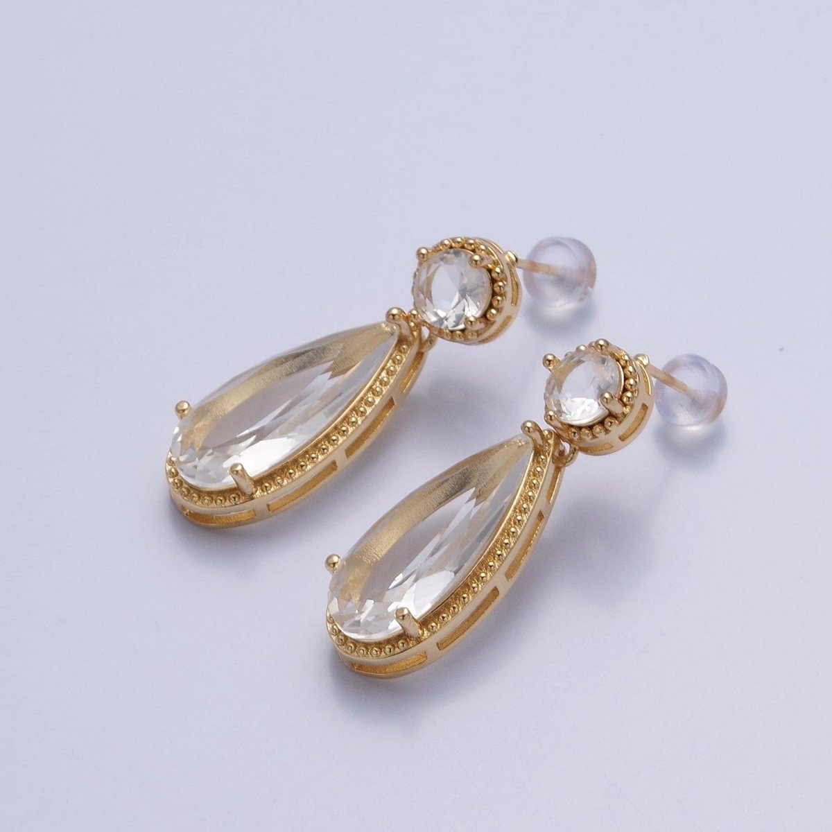 24K Gold Filled Cubic Zirconia Teardrop Stud Earrings with Round CZ Post V-401~V-409 - DLUXCA