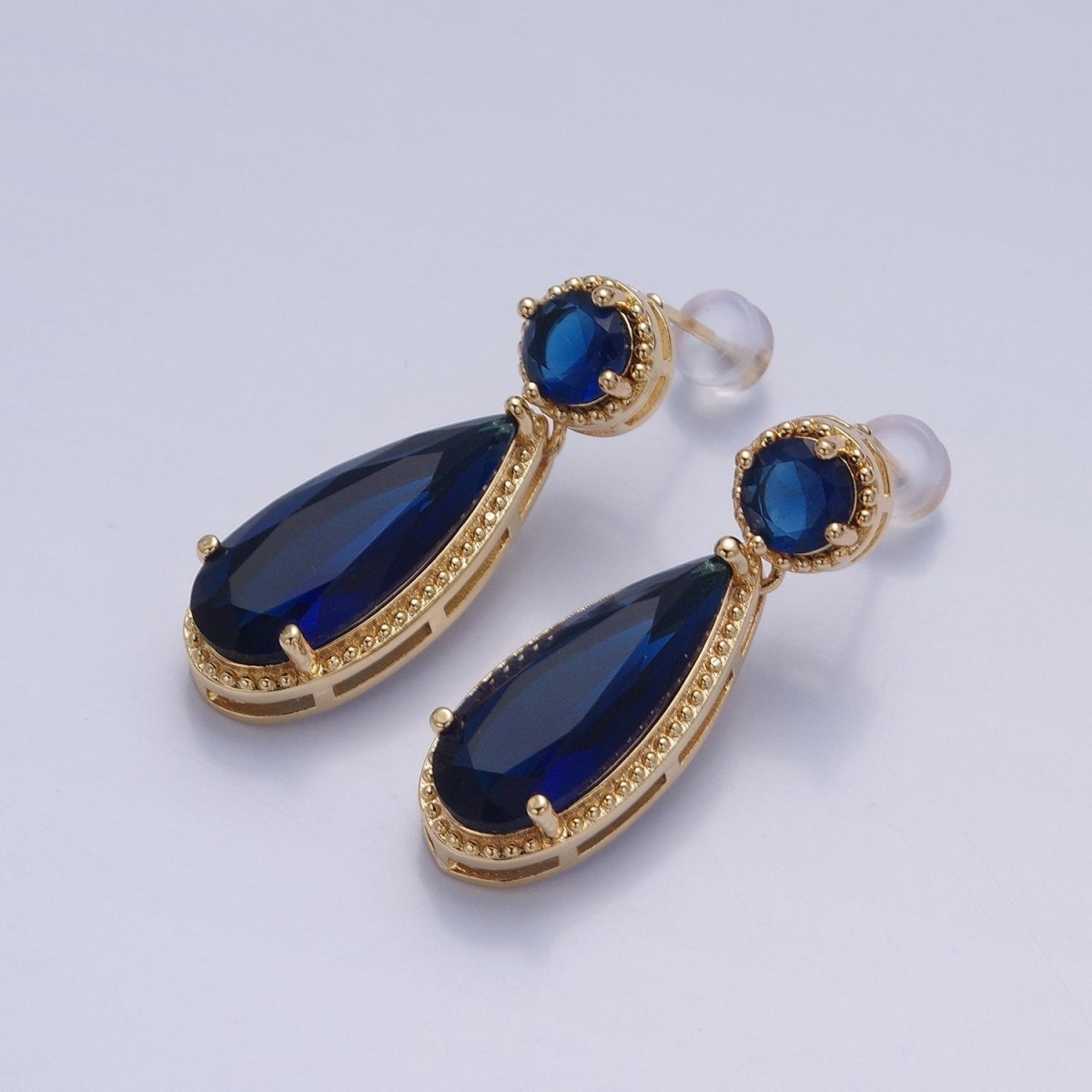 24K Gold Filled Cubic Zirconia Teardrop Stud Earrings with Round CZ Post V-401~V-409 - DLUXCA