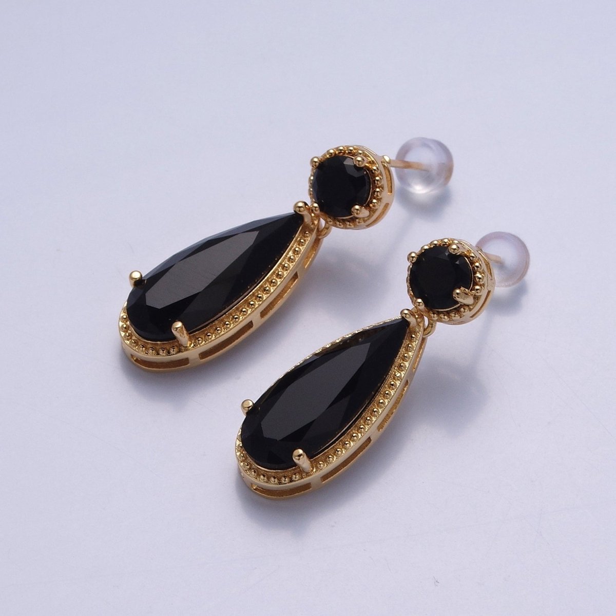 24K Gold Filled Cubic Zirconia Teardrop Stud Earrings with Round CZ Post V-401~V-409 - DLUXCA
