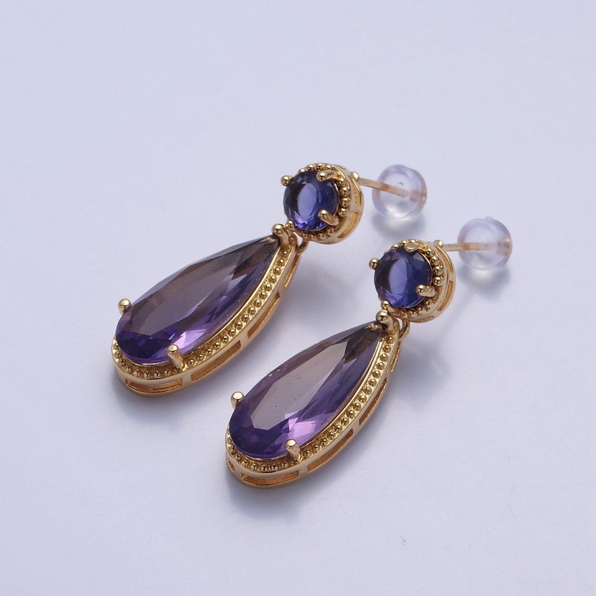 24K Gold Filled Cubic Zirconia Teardrop Stud Earrings with Round CZ Post V-401~V-409 - DLUXCA